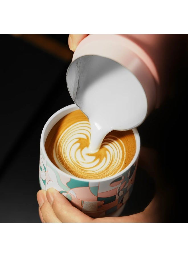 MHW-3BOMBER GT Milk Pitcher Handle less, Pink – 400 ml Stainless Steel Latte Art Pitcher with Silicone Sleeve Grip, U-Shaped Spout, Dual Scale Markings and Ergonomic Design for Latte Art - Image 4